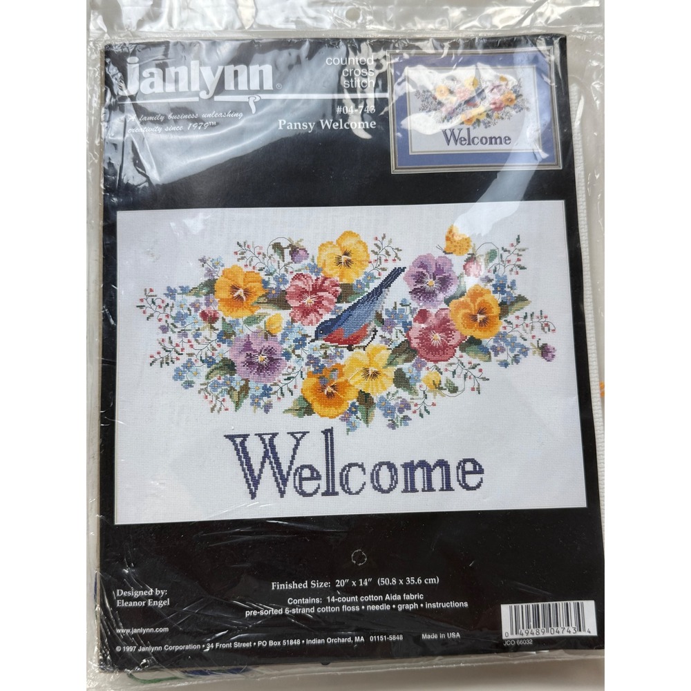 Vintage Janlynn Pansy Welcome 20"X14" Counted Cross Stitch Kit Pansies Bluebird